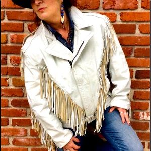 Vintage White Fringe Leather Hip Jacket Sz.38